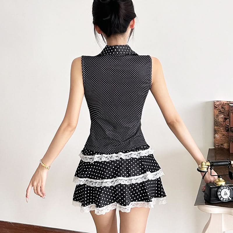 Self tie polka dot hollow out v neck cut out top