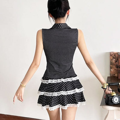 Self tie polka dot hollow out v neck cut out top