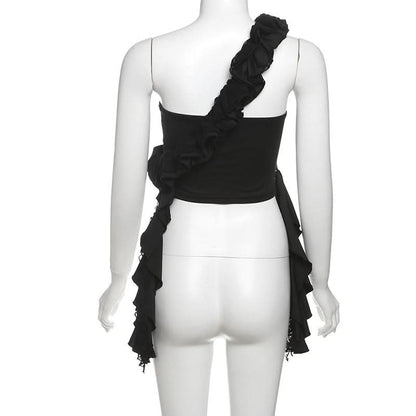 One shoulder irregular ruched ruffle top