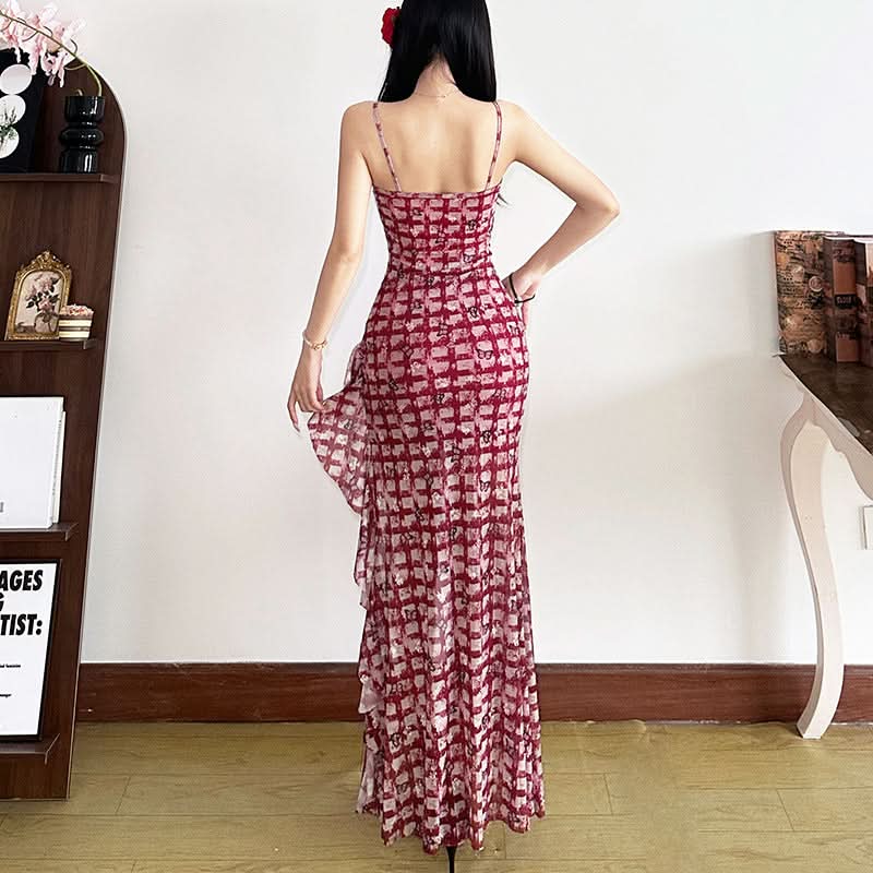 Plaid slit lace hem u neck butterfly print midi dress