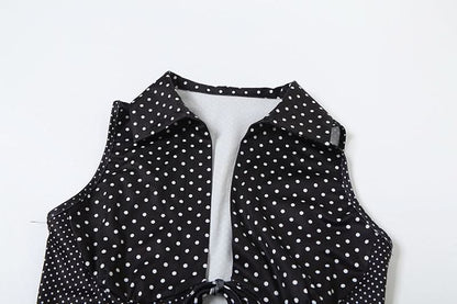 Self tie polka dot hollow out v neck cut out top