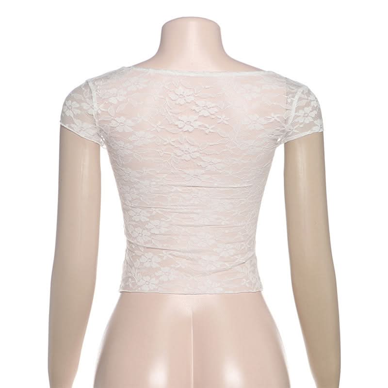 Lace cap sleeve v neck solid crop top