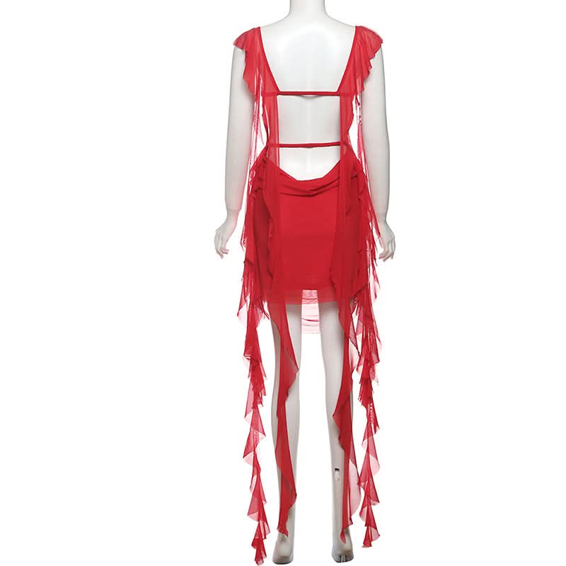 Square neck ruched mesh backless mini dress