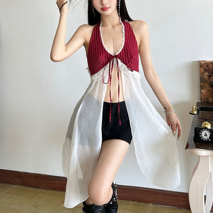 Lace hem u neck halter self tie chiffon top