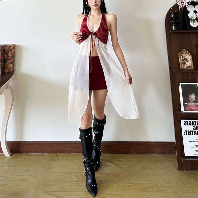 Lace hem u neck halter self tie chiffon top