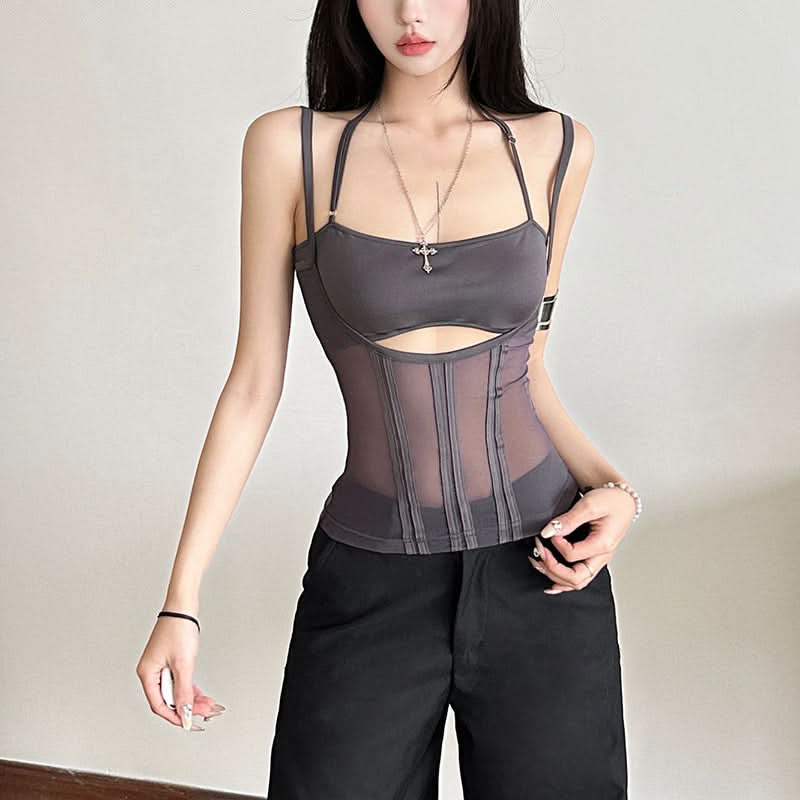 Hollow out mesh u neck solid cami cut out top