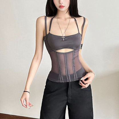 Hollow out mesh u neck solid cami cut out top