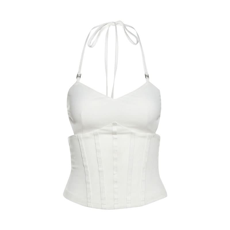Halter self tie v neck mesh solid top