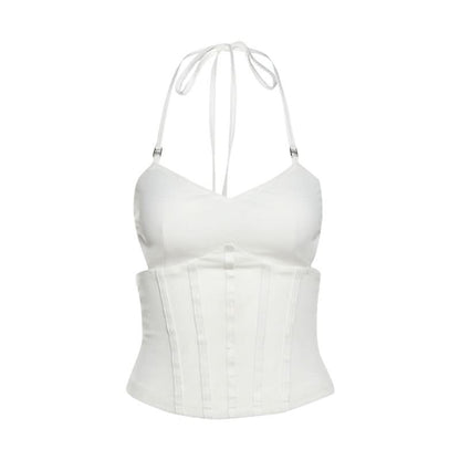 Halter self tie v neck mesh solid top