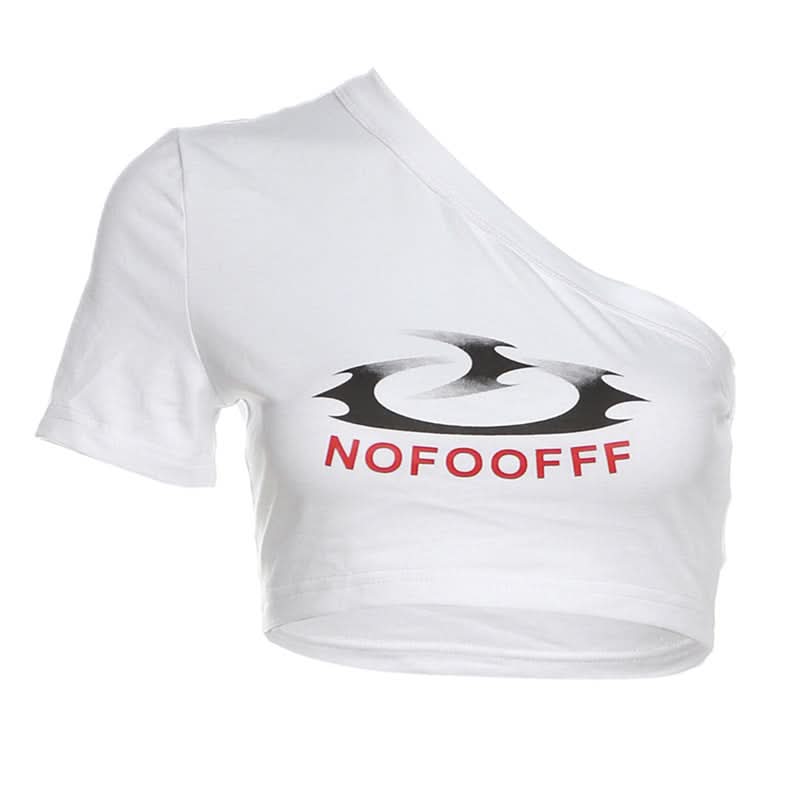 Short sleeve one shoulder letter pattern top