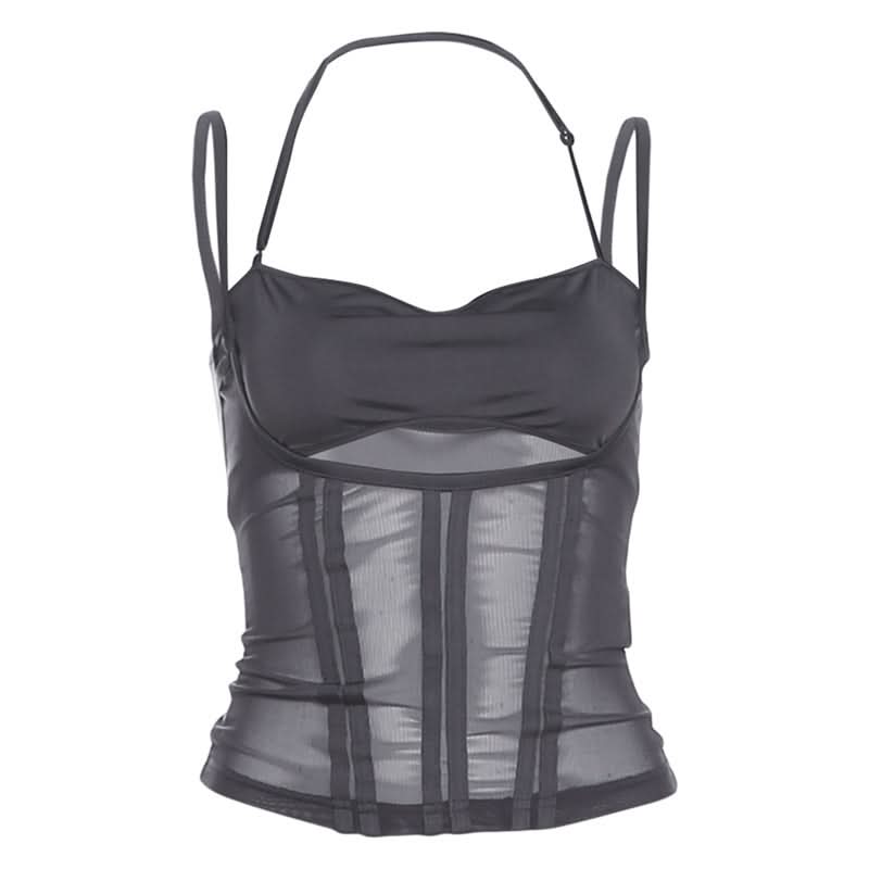 Hollow out mesh u neck solid cami cut out top