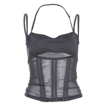 Hollow out mesh u neck solid cami cut out top