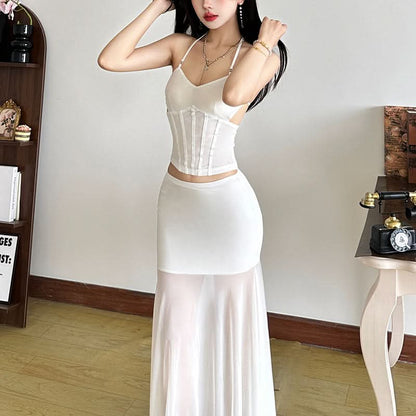 Halter self tie v neck mesh solid top