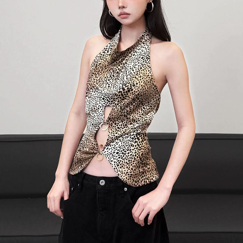 Leopard print halter button o ring hollow out cut out top