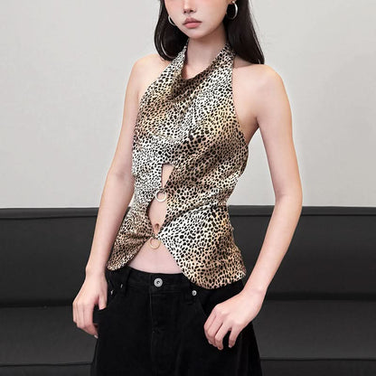 Leopard print halter button o ring hollow out cut out top
