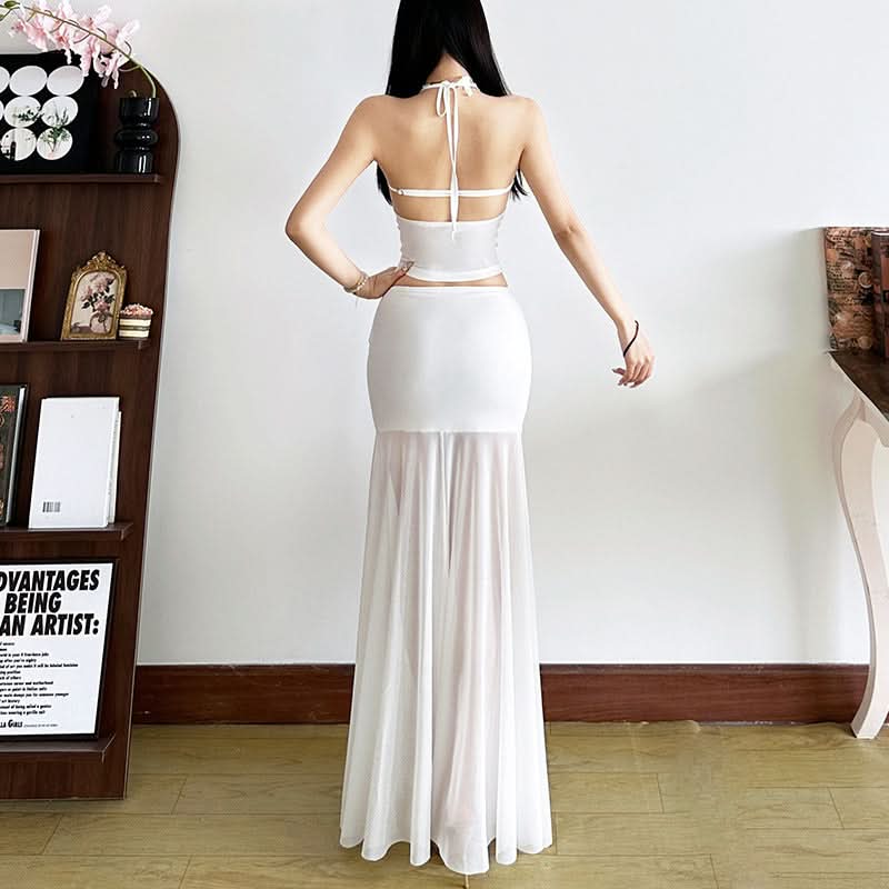 Halter self tie v neck mesh solid top