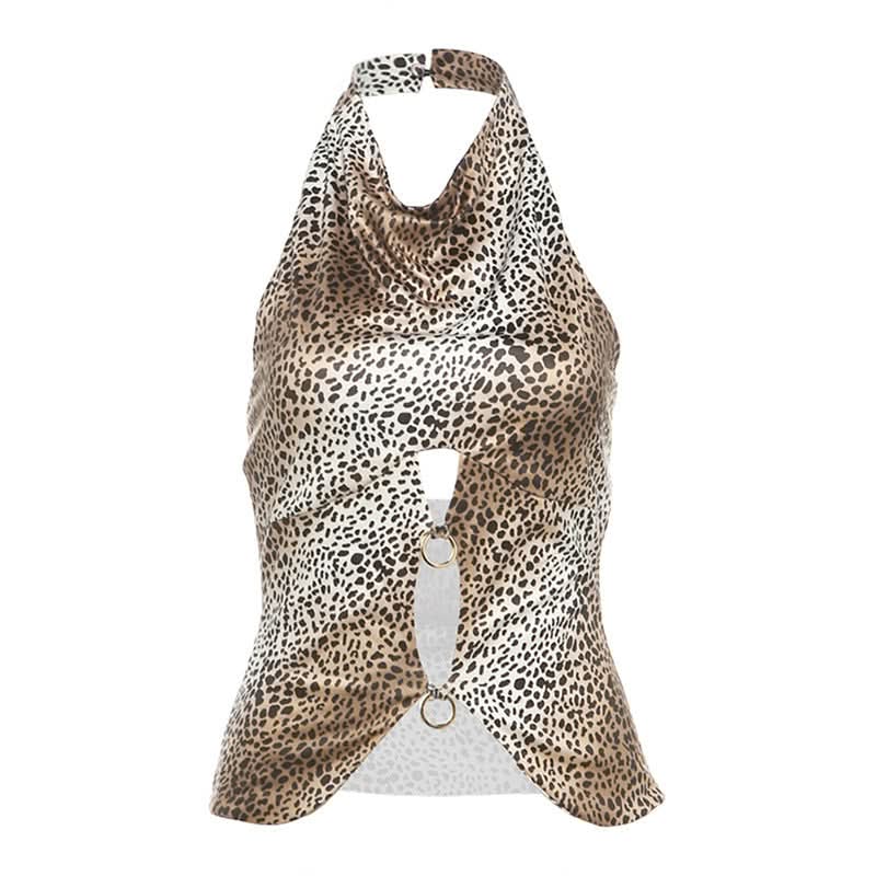 Leopard print halter button o ring hollow out cut out top