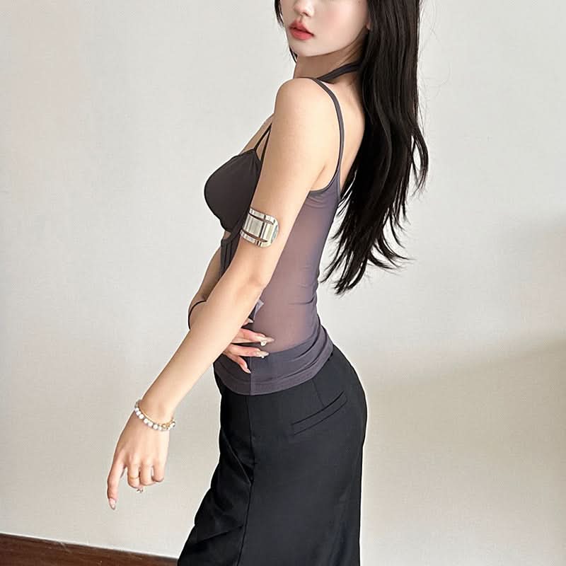 Hollow out mesh u neck solid cami cut out top
