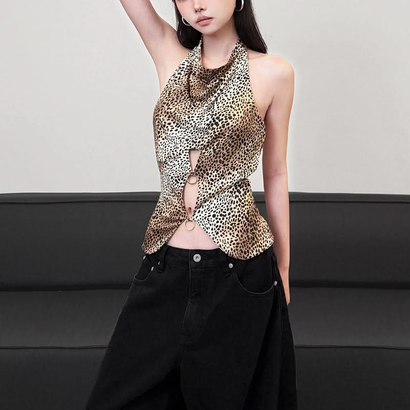 Leopard print halter button o ring hollow out cut out top