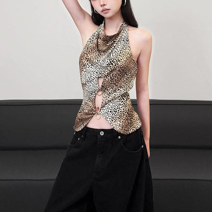Leopard print halter button o ring hollow out cut out top