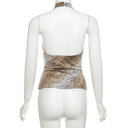 Leopard print halter button o ring hollow out cut out top