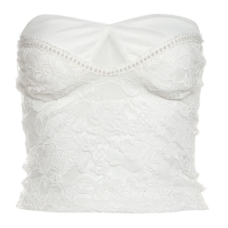 Lace beaded sweetheart neck tube crop top