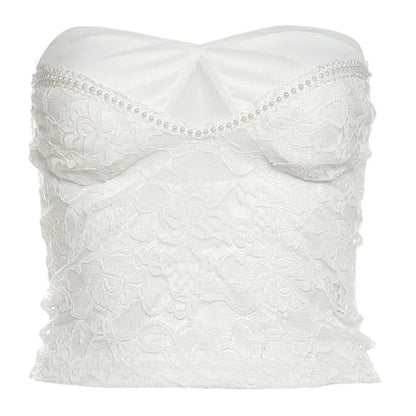 Lace beaded sweetheart neck tube crop top
