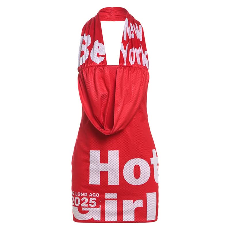 Halter letter print backless contrast mini dress