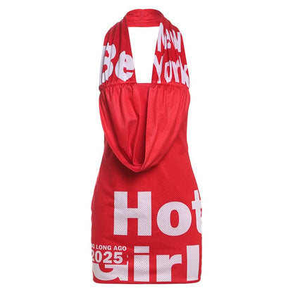 Halter letter print backless contrast mini dress