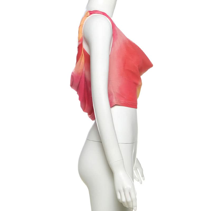 Cowl neck print contrast backless tank top