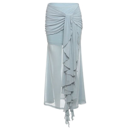 Ruched mesh ruffle irregular midi skirt