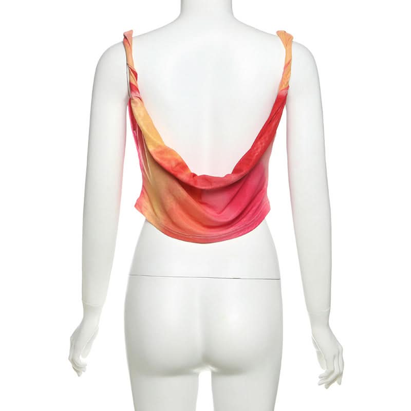 Cowl neck print contrast backless tank top