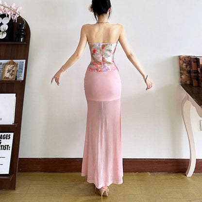 Ruched mesh ruffle irregular midi skirt