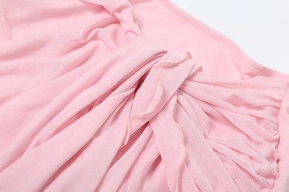 Ruched mesh ruffle irregular midi skirt