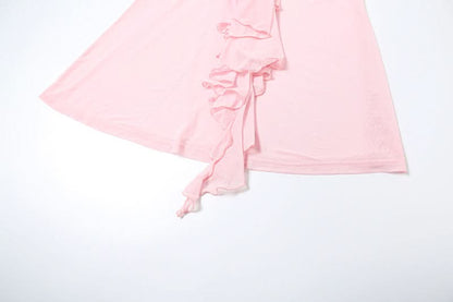 Ruched mesh ruffle irregular midi skirt