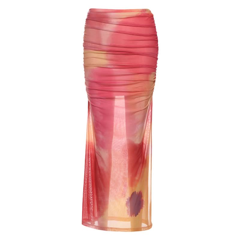 Ruched print contrast mesh slit maxi skirt