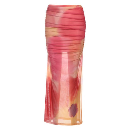 Ruched print contrast mesh slit maxi skirt