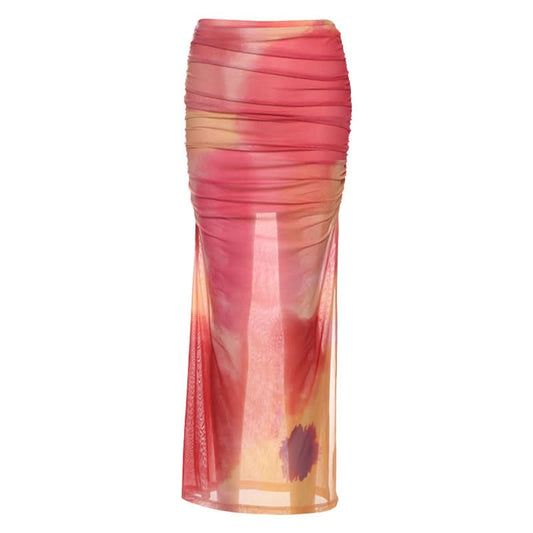 Ruched print contrast mesh slit maxi skirt