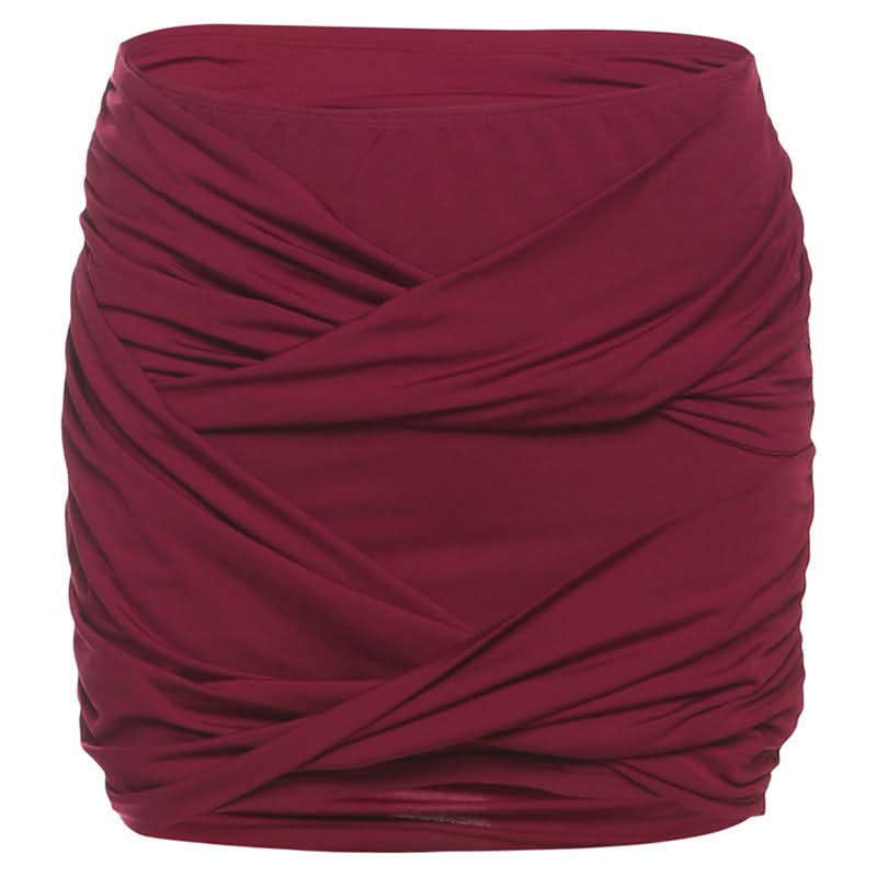 Wine ruched irregular solid mini skirt