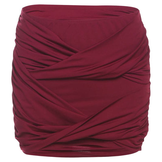 Wine ruched irregular solid mini skirt