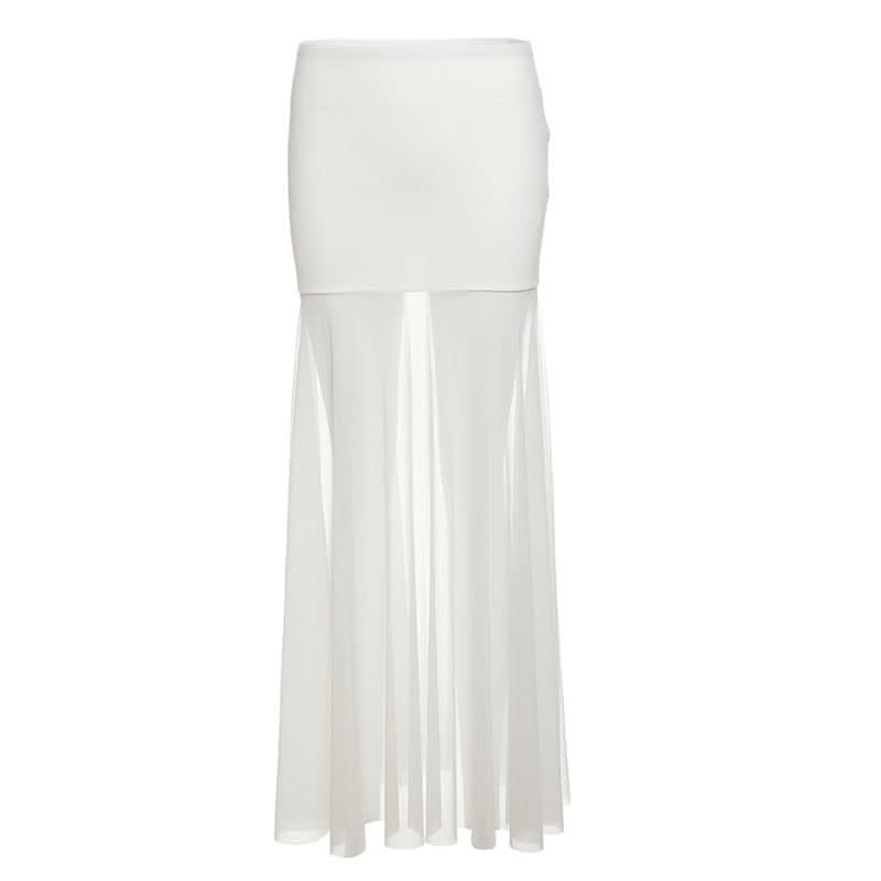 White mesh patchwork solid maxi skirt