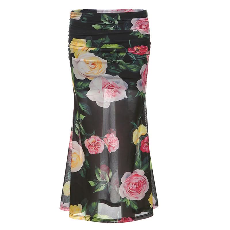 Mesh flower print ruched contrast maxi dress