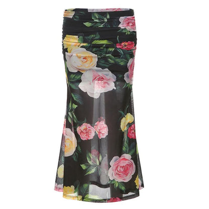 Mesh flower print ruched contrast maxi dress