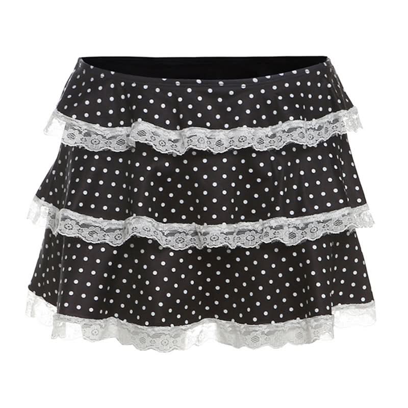Polka dot lace hem contrast A line mini skirt