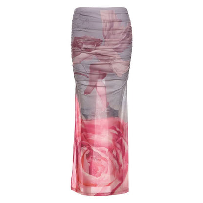 Ruched print contrast mesh slit maxi skirt