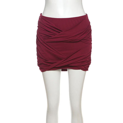 Wine ruched irregular solid mini skirt