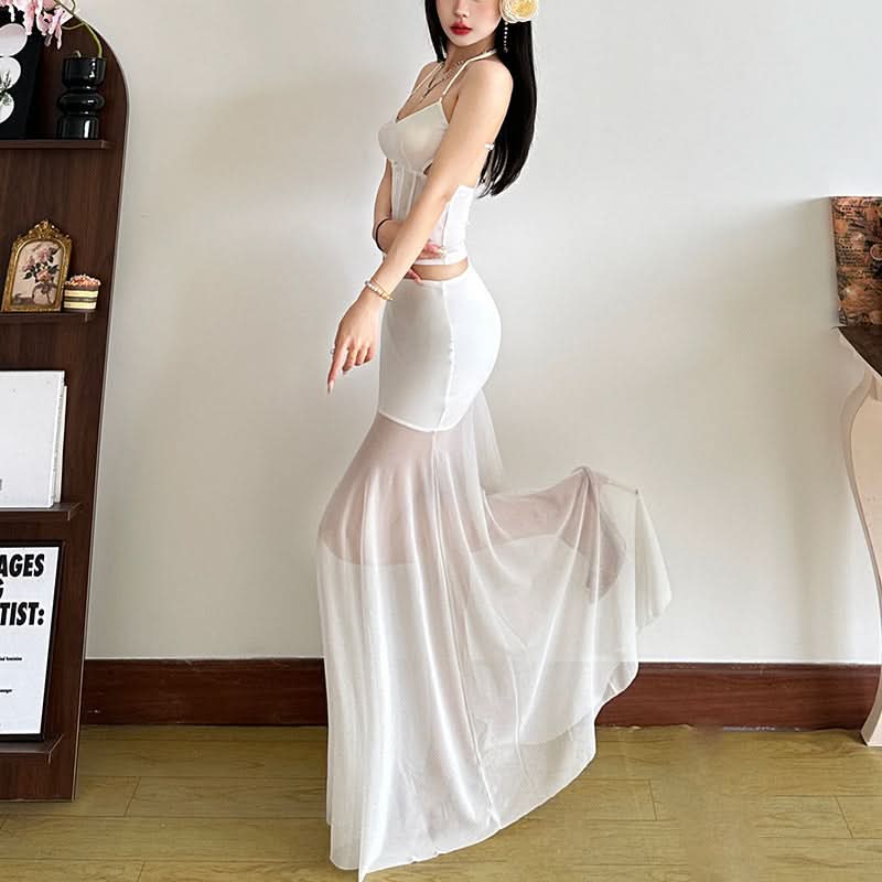 White mesh patchwork solid maxi skirt