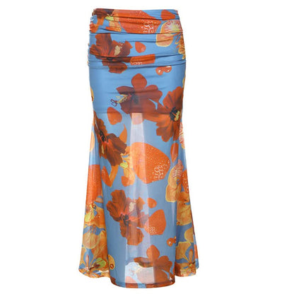 Mesh flower print ruched contrast maxi dress