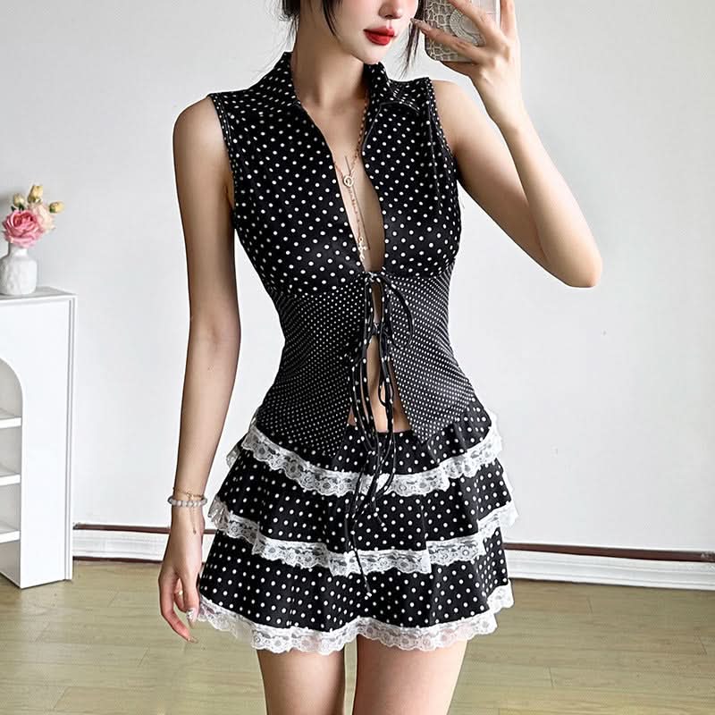 Polka dot lace hem contrast A line mini skirt
