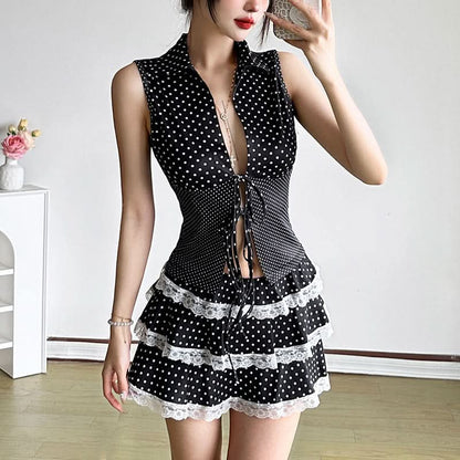 Polka dot lace hem contrast A line mini skirt